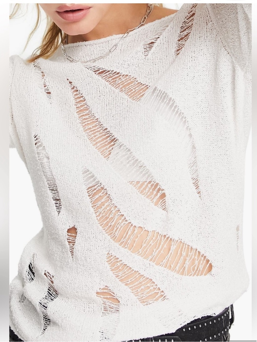 ASOS Design Distressed Off Shoulder Sweater Ivory Grunge Festival Size 8 - Picture 15 of 15